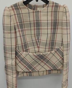 Delpozo Women's Beige Plaid Cropped Wool Top Jacket, Size 38